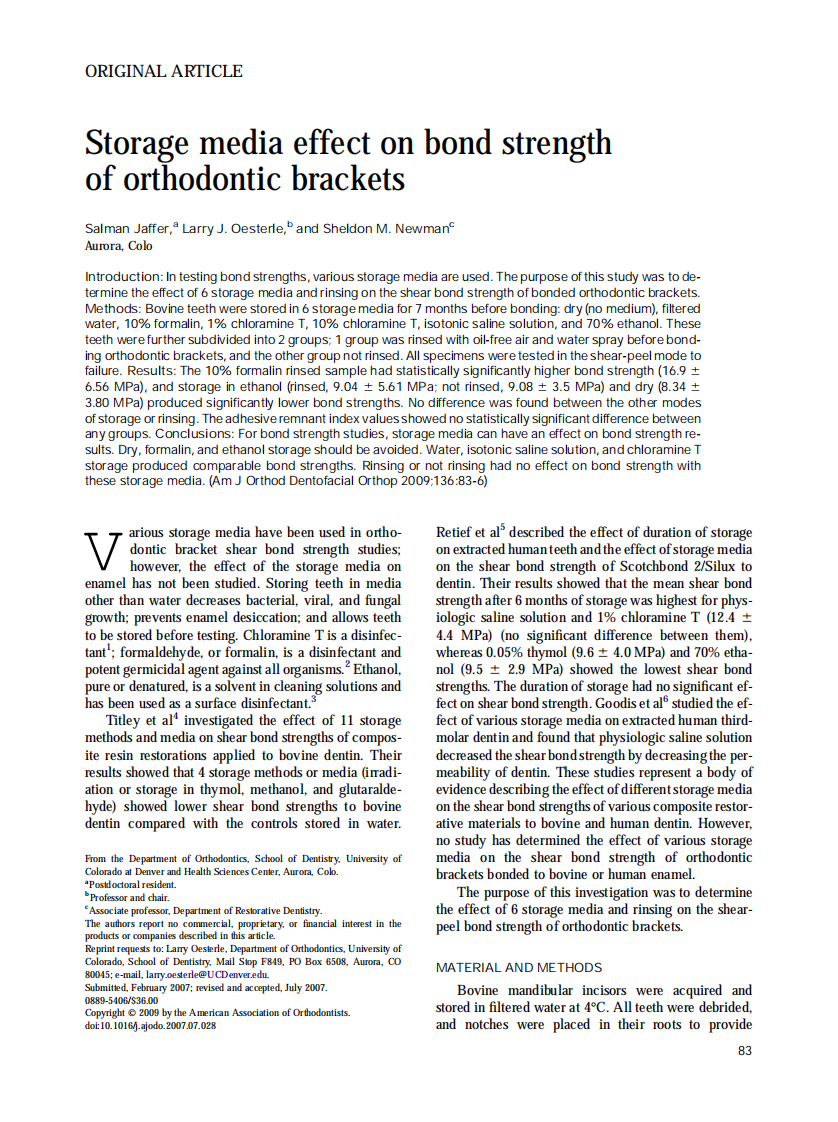 Jaffer_Storage-media-effect-on-bond-strength-of-orthodontic-brackets_2009.pdf 第1页