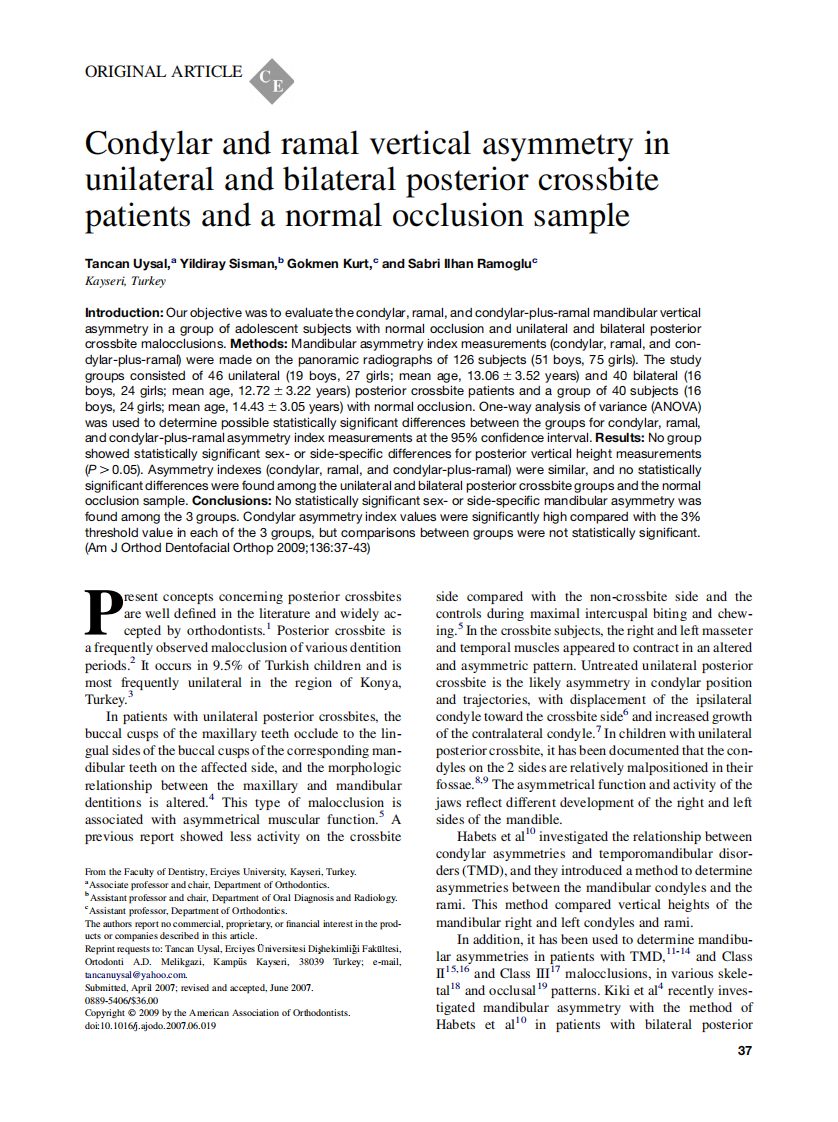 Uysal_Condylar-and-ramal-vertical-asymmetry-in-unilateral-and-bilateral-posterior-crossbite-patients-and-a-normal-occlusion-sample_2009.pdf 第1页