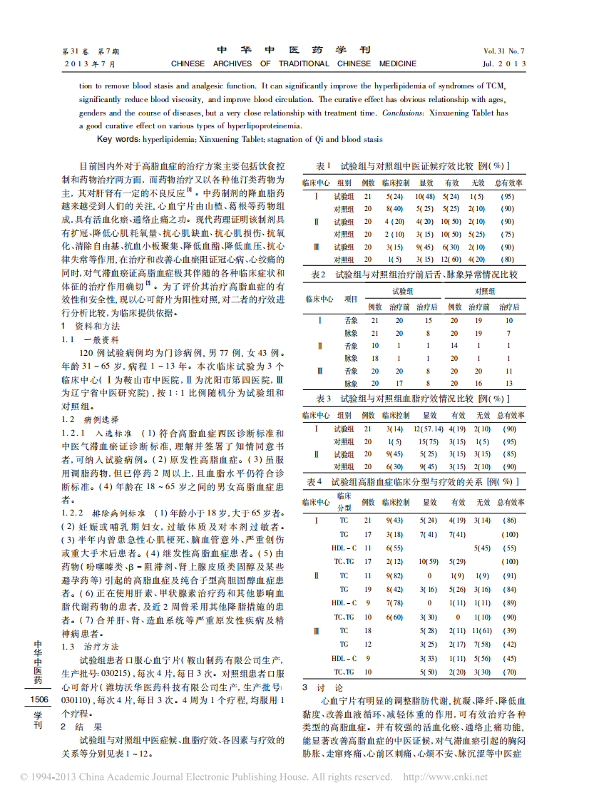 心血宁片治疗气滞血瘀证原发性高脂血症的临床研究_唐震.pdf 第2页